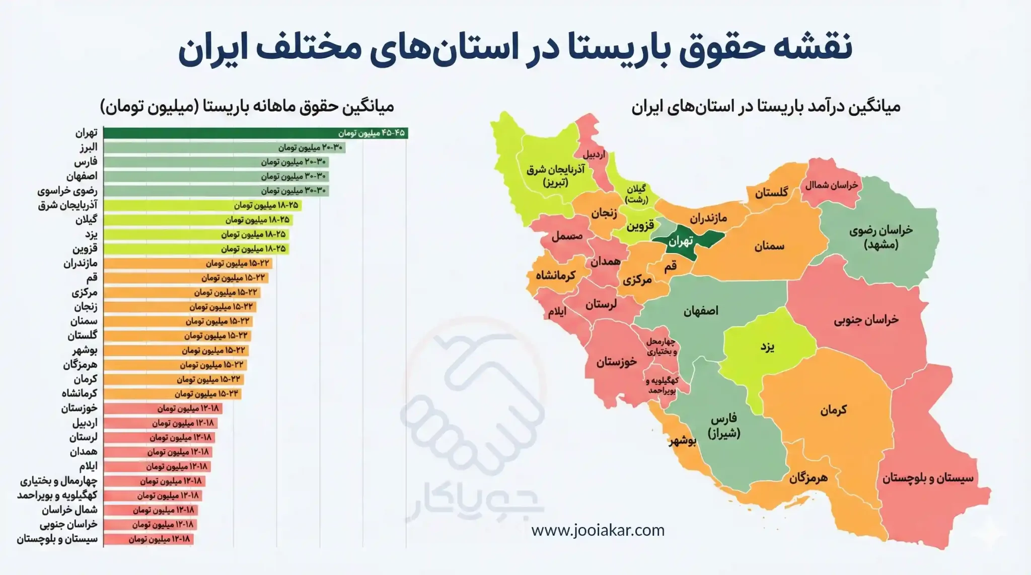 نقشه و اینفوگرافی حقوق باریستا در استان‌های مختلف ایران