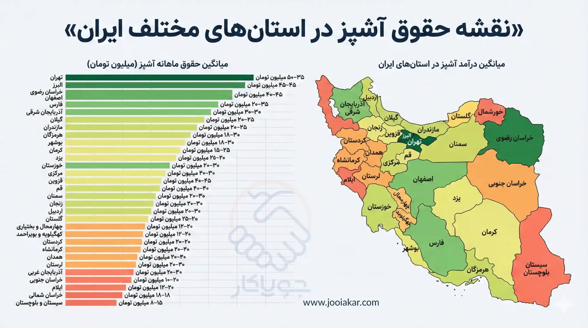 نقشه حقوق آشپز در استان‌های مختلف ایران؛ مقایسه میانگین درآمد ماهانه آشپزها در تمام استان‌ها به‌صورت اینفوگرافیک رنگی